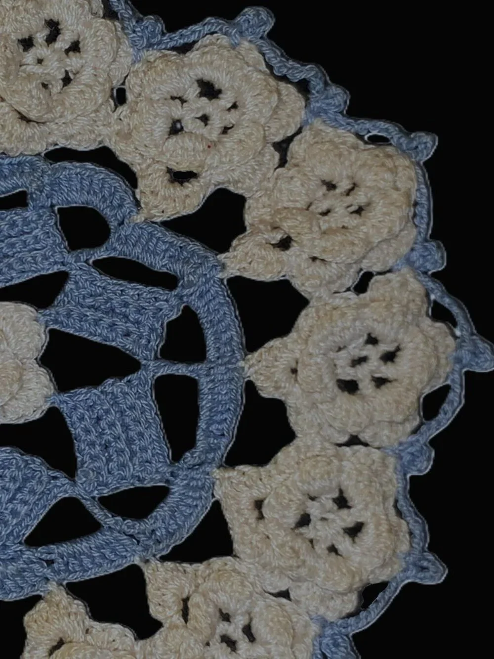 MCM Doilies Crocheted Blue & White Chair Accent Set Yellow w Glass Beads 18” Vtg